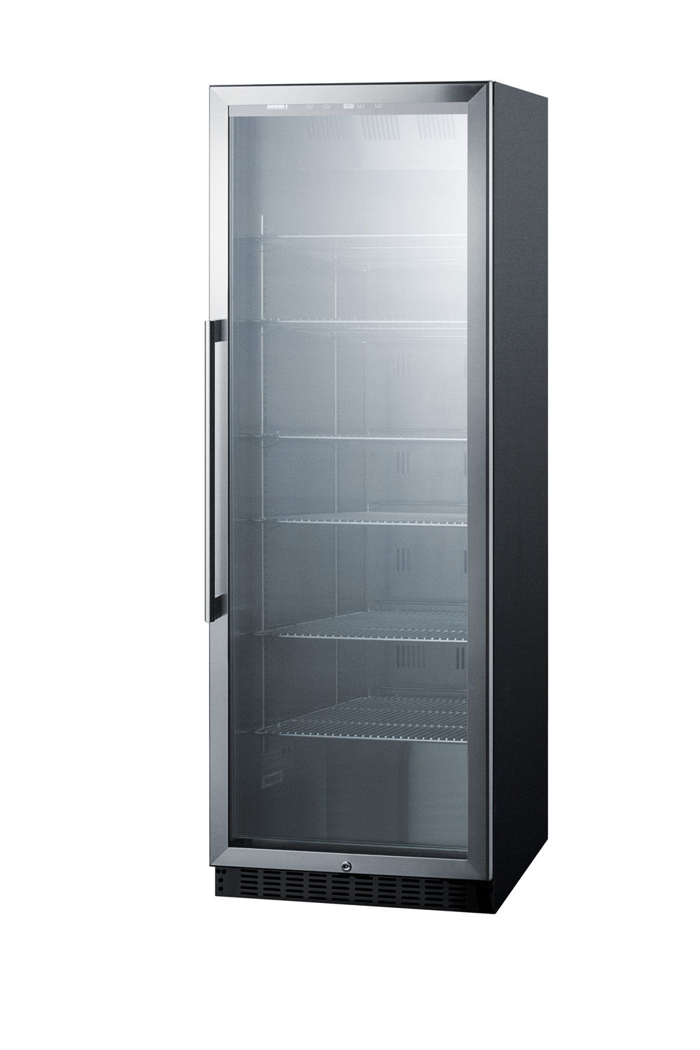 Full-size commercial beverage merchandiser designed for the display and refrigeration of beverages and sealed food, with stainless steel interior, self-closing glass door, and black cabinet